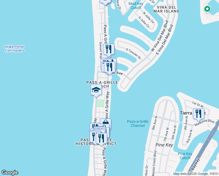 map of restaurants, bars, coffee shops, grocery stores, and more near 1801 Pass a Grille Way in St. Pete Beach