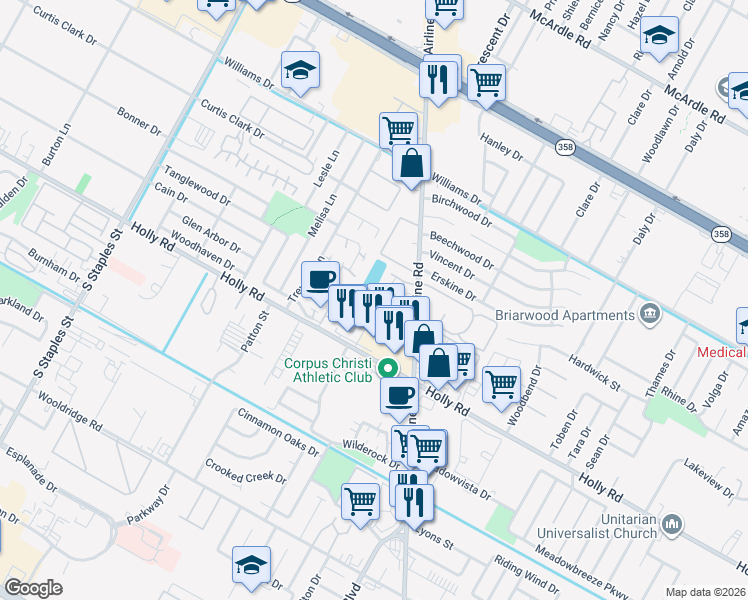 map of restaurants, bars, coffee shops, grocery stores, and more near 6127 Hidden Wood in Corpus Christi