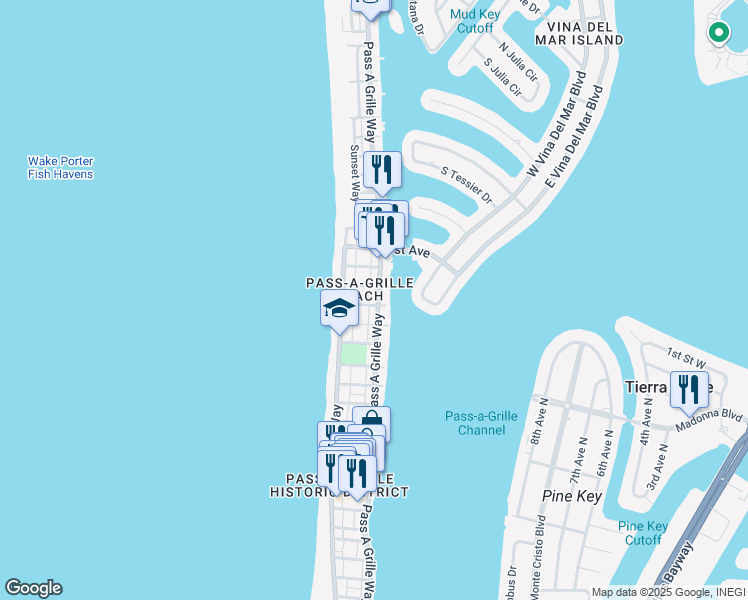 map of restaurants, bars, coffee shops, grocery stores, and more near 1901 Pass a Grille Way in St. Pete Beach