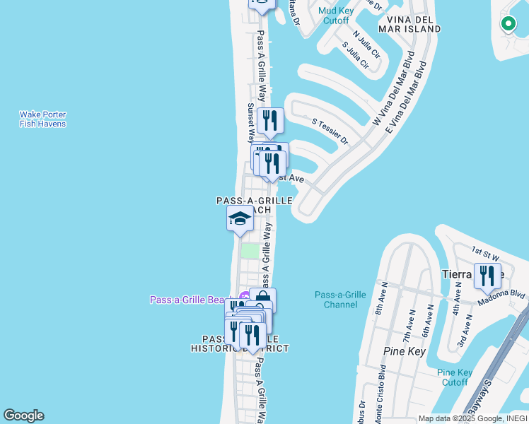 map of restaurants, bars, coffee shops, grocery stores, and more near 1901 Pass a Grille Way in St. Pete Beach