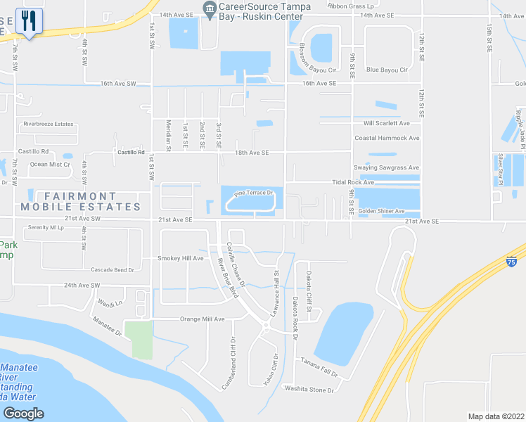 map of restaurants, bars, coffee shops, grocery stores, and more near 522 Pine Terrace Drive in Ruskin