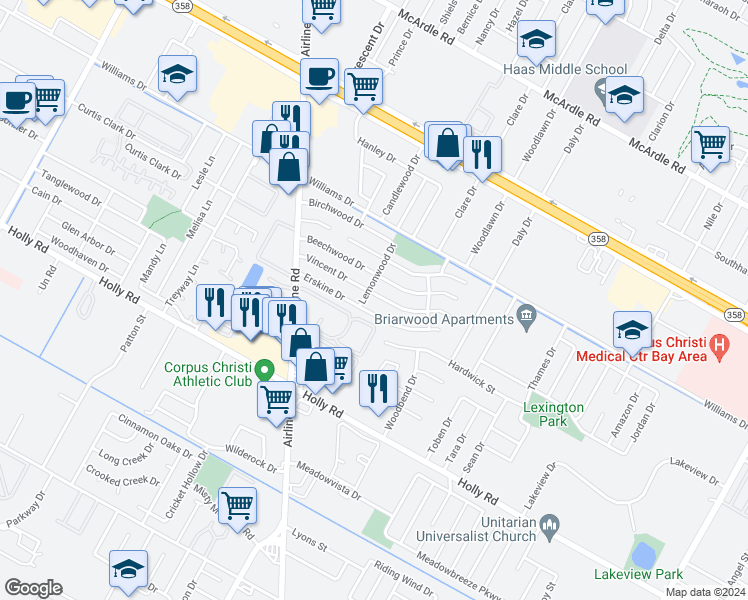 map of restaurants, bars, coffee shops, grocery stores, and more near 6305 Vincent Drive in Corpus Christi