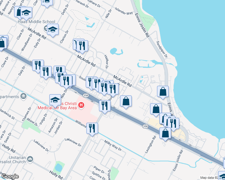 map of restaurants, bars, coffee shops, grocery stores, and more near 1326 Sandstone Drive in Corpus Christi
