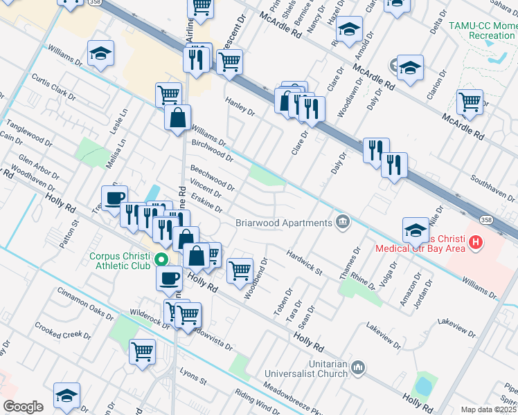 map of restaurants, bars, coffee shops, grocery stores, and more near 6314 Beechwood Drive in Corpus Christi