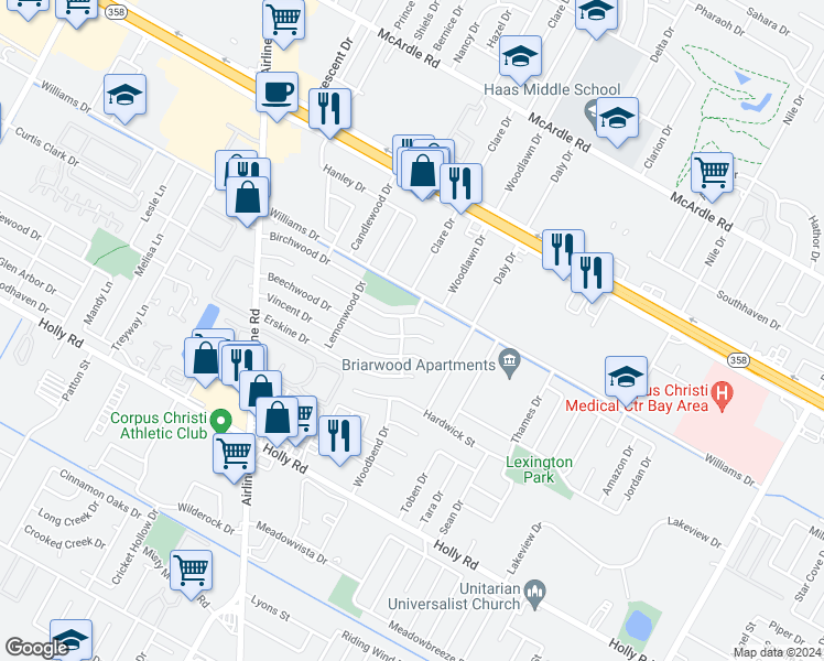 map of restaurants, bars, coffee shops, grocery stores, and more near 6406 Beechwood Drive in Corpus Christi
