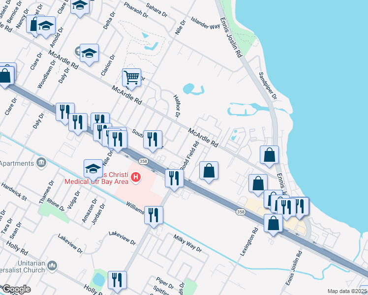 map of restaurants, bars, coffee shops, grocery stores, and more near 1326 Sandstone Drive in Corpus Christi