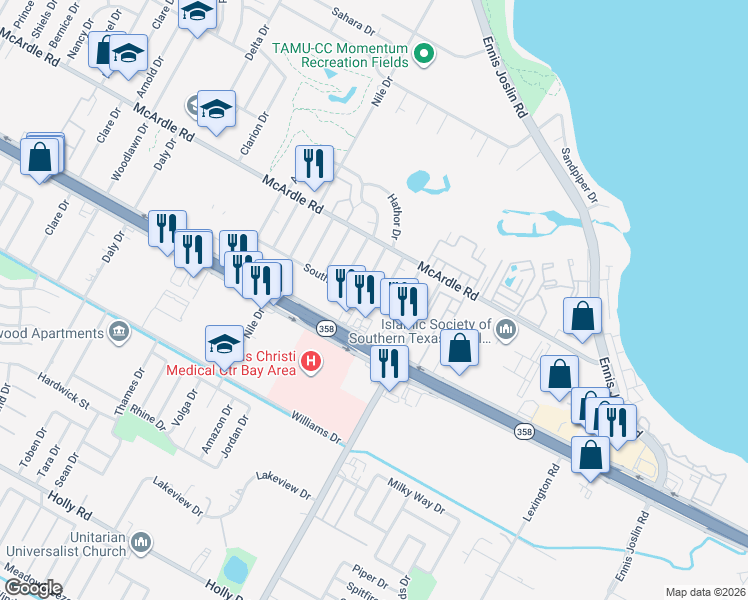 map of restaurants, bars, coffee shops, grocery stores, and more near 7102 Southhaven Drive in Corpus Christi