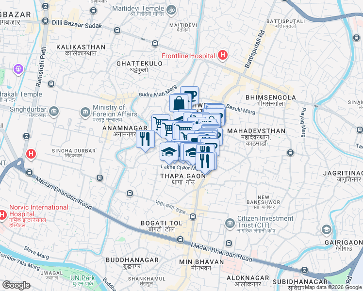 map of restaurants, bars, coffee shops, grocery stores, and more near Sahabhagita Marga in Kathmandu