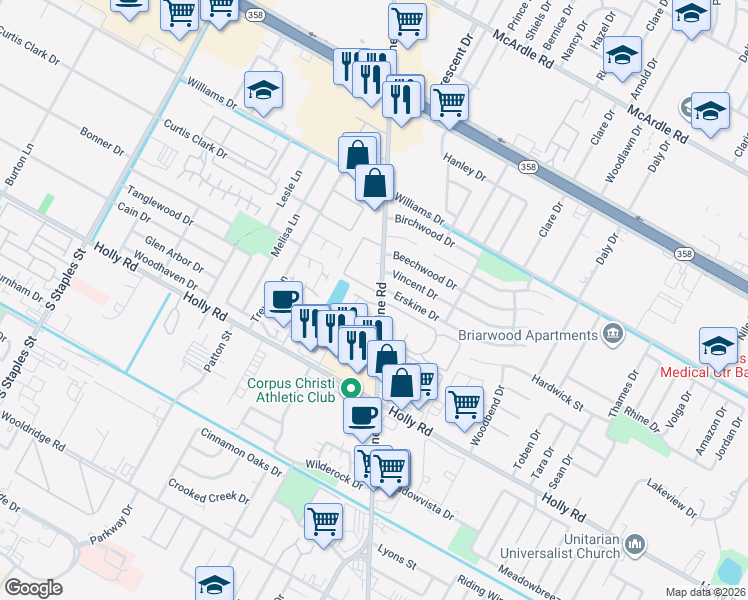 map of restaurants, bars, coffee shops, grocery stores, and more near 6112 Hidden Oaks Street in Corpus Christi