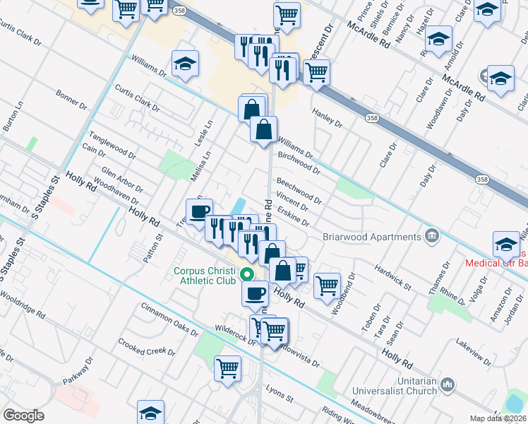 map of restaurants, bars, coffee shops, grocery stores, and more near 6112 Hidden Oaks Street in Corpus Christi