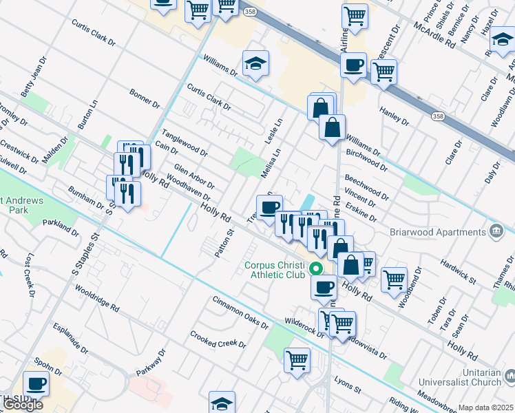 map of restaurants, bars, coffee shops, grocery stores, and more near 2013 Treyway Lane in Corpus Christi