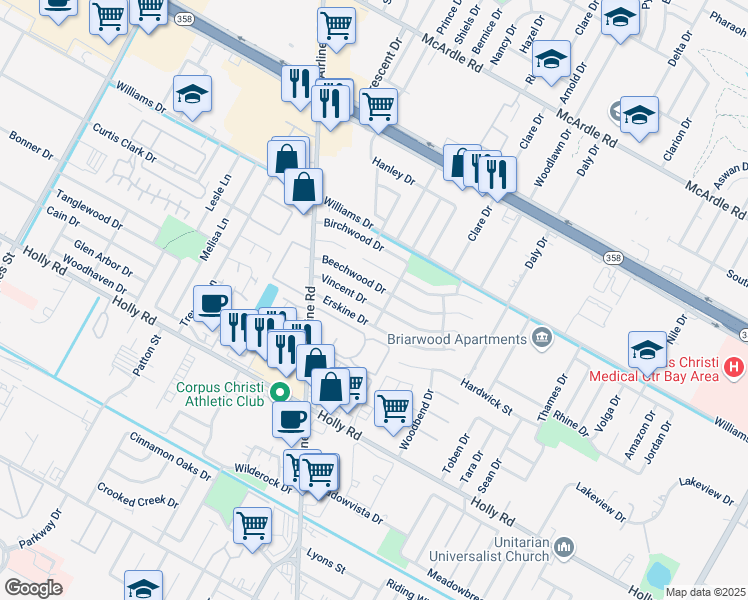map of restaurants, bars, coffee shops, grocery stores, and more near 6222 Vincent Drive in Corpus Christi