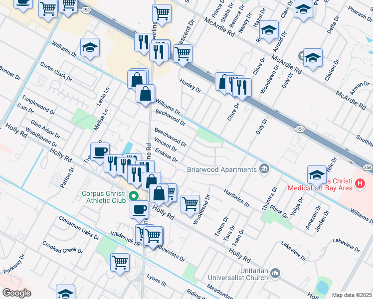 map of restaurants, bars, coffee shops, grocery stores, and more near 6222 Vincent Drive in Corpus Christi