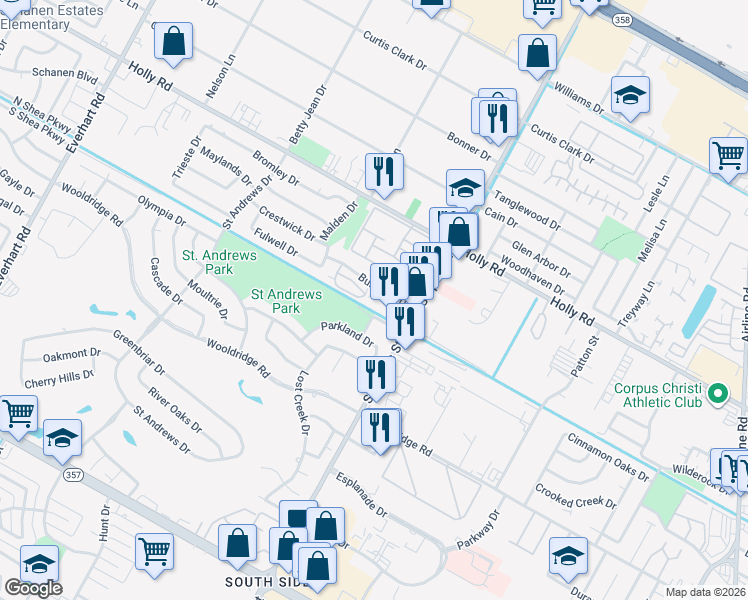map of restaurants, bars, coffee shops, grocery stores, and more near 5501 Burnham Drive in Corpus Christi