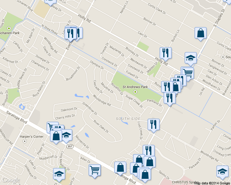 map of restaurants, bars, coffee shops, grocery stores, and more near 5121 Moultrie Drive in Corpus Christi
