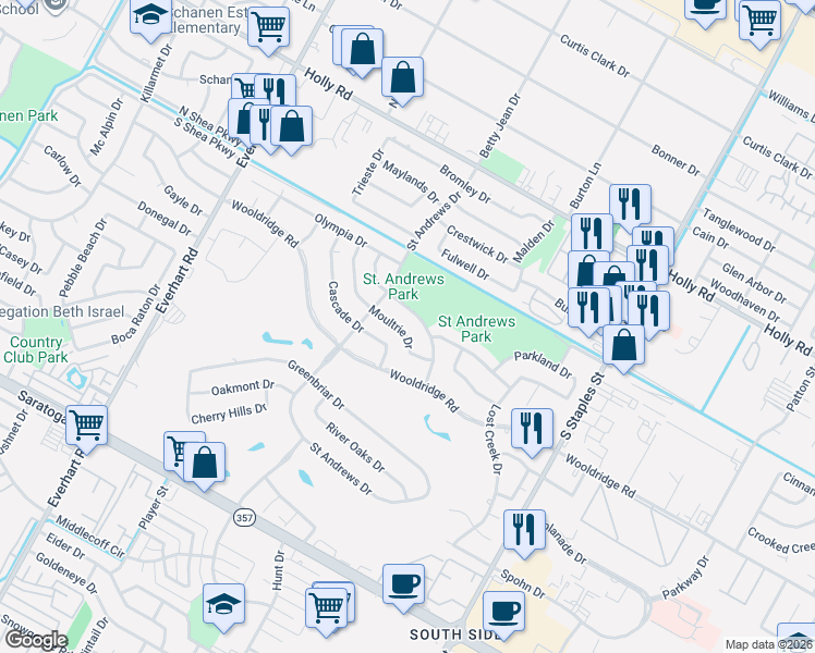 map of restaurants, bars, coffee shops, grocery stores, and more near 5121 Moultrie Drive in Corpus Christi