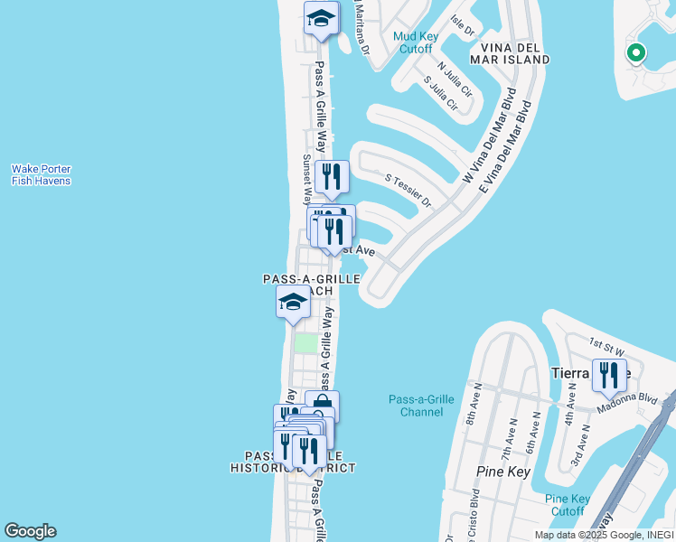 map of restaurants, bars, coffee shops, grocery stores, and more near 1901 Pass a Grille Way in St. Pete Beach
