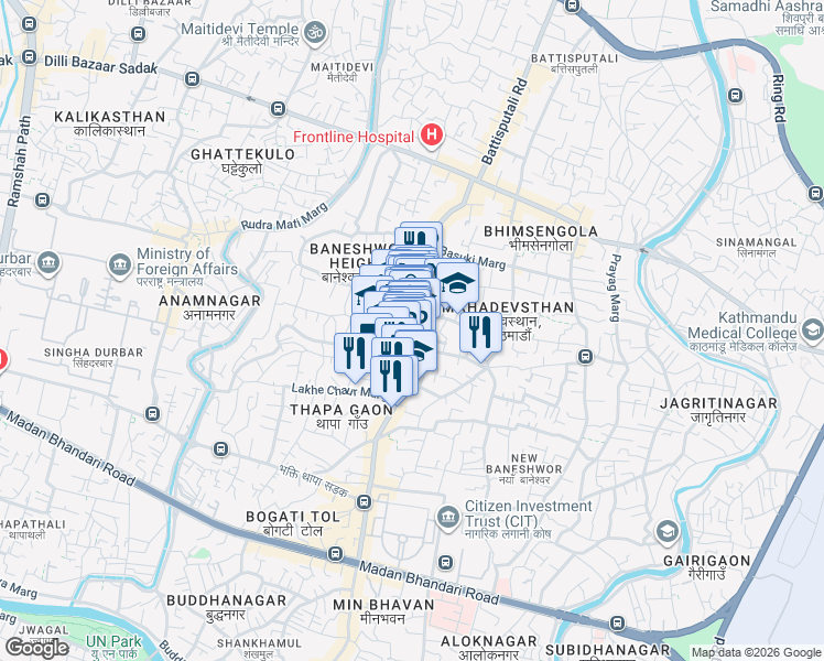 map of restaurants, bars, coffee shops, grocery stores, and more near Devkota Sadak in Kathmandu
