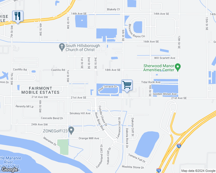 map of restaurants, bars, coffee shops, grocery stores, and more near 343 Pine Terrace Drive in Ruskin