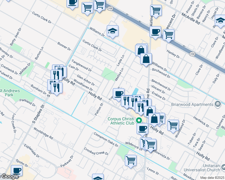 map of restaurants, bars, coffee shops, grocery stores, and more near 2013 Treyway Lane in Corpus Christi