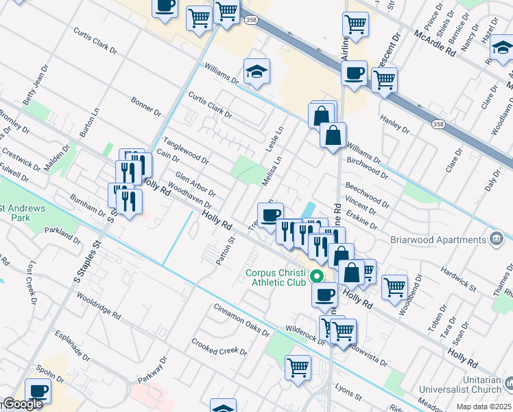 map of restaurants, bars, coffee shops, grocery stores, and more near 2013 Treyway Lane in Corpus Christi
