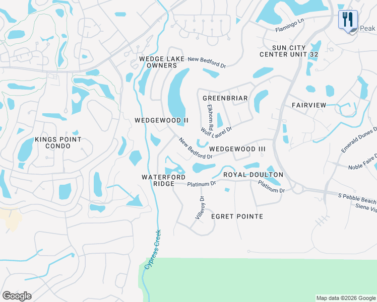 map of restaurants, bars, coffee shops, grocery stores, and more near 2135 New Bedford Drive in Sun City Center