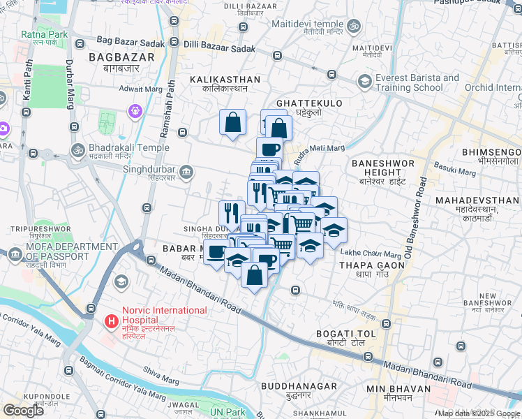 map of restaurants, bars, coffee shops, grocery stores, and more near Tanka Prasad Ghumti Sadak in Kathmandu