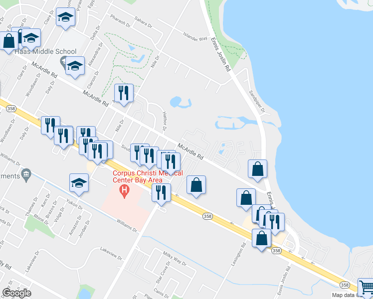 map of restaurants, bars, coffee shops, grocery stores, and more near 76 Townhouse Lane in Corpus Christi