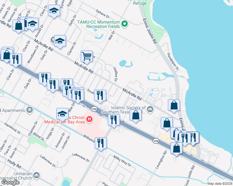 map of restaurants, bars, coffee shops, grocery stores, and more near 1302 East Cherrystone Drive in Corpus Christi