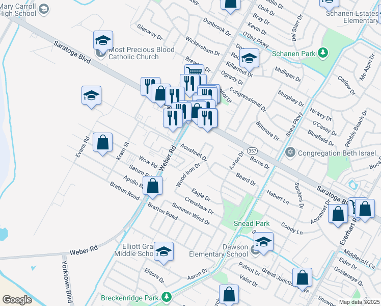 map of restaurants, bars, coffee shops, grocery stores, and more near 6606 Weber Road in Corpus Christi