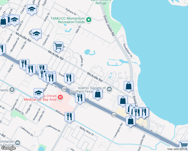 map of restaurants, bars, coffee shops, grocery stores, and more near 5 Townhouse Lane in Corpus Christi
