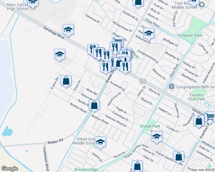 map of restaurants, bars, coffee shops, grocery stores, and more near 6606 Weber Road in Corpus Christi