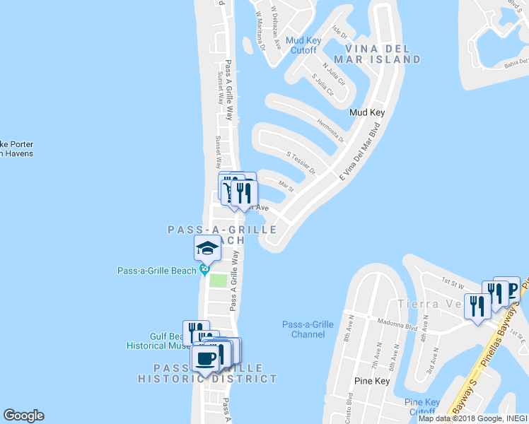 map of restaurants, bars, coffee shops, grocery stores, and more near 180 21st Avenue in Saint Pete Beach