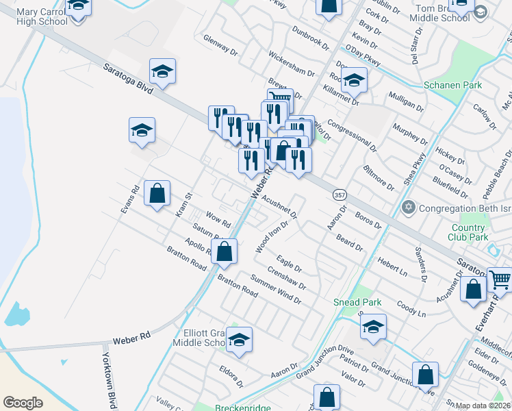 map of restaurants, bars, coffee shops, grocery stores, and more near 6606 Weber Road in Corpus Christi