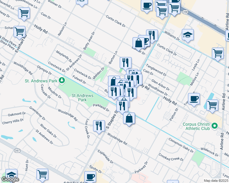 map of restaurants, bars, coffee shops, grocery stores, and more near 5502 Burnham Drive in Corpus Christi