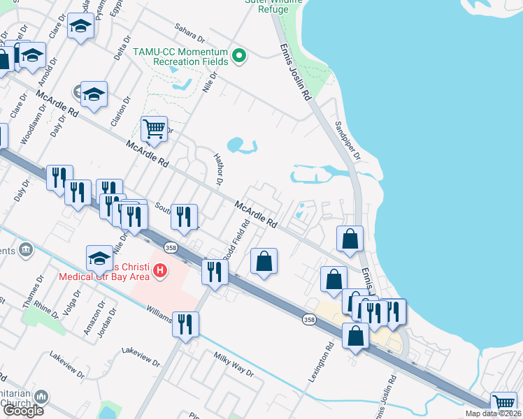 map of restaurants, bars, coffee shops, grocery stores, and more near 76 Townhouse Lane in Corpus Christi