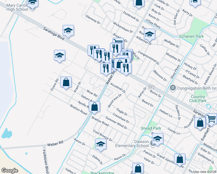 map of restaurants, bars, coffee shops, grocery stores, and more near 4002 Oak Forest Drive in Corpus Christi