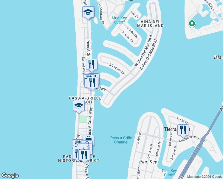 map of restaurants, bars, coffee shops, grocery stores, and more near 2162 West Vina Del Mar Boulevard in St. Pete Beach