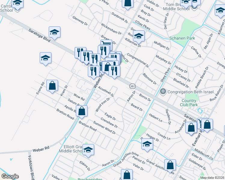map of restaurants, bars, coffee shops, grocery stores, and more near 6605 Robina Lane in Corpus Christi
