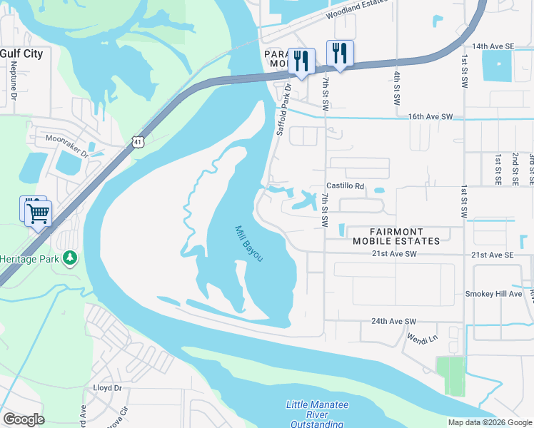 map of restaurants, bars, coffee shops, grocery stores, and more near 1820 Saffold Park Drive in Ruskin