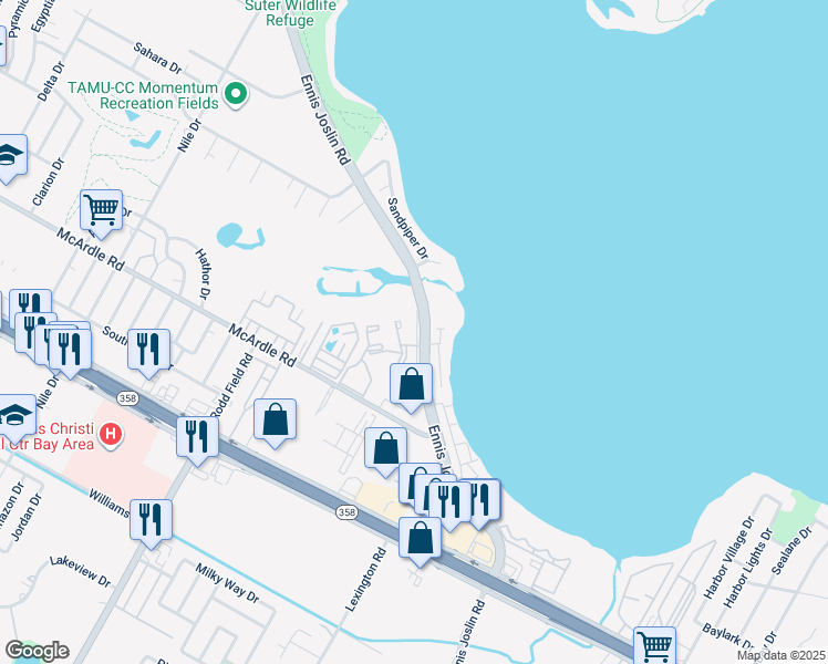 map of restaurants, bars, coffee shops, grocery stores, and more near 1214 Ennis Joslin Road in Corpus Christi