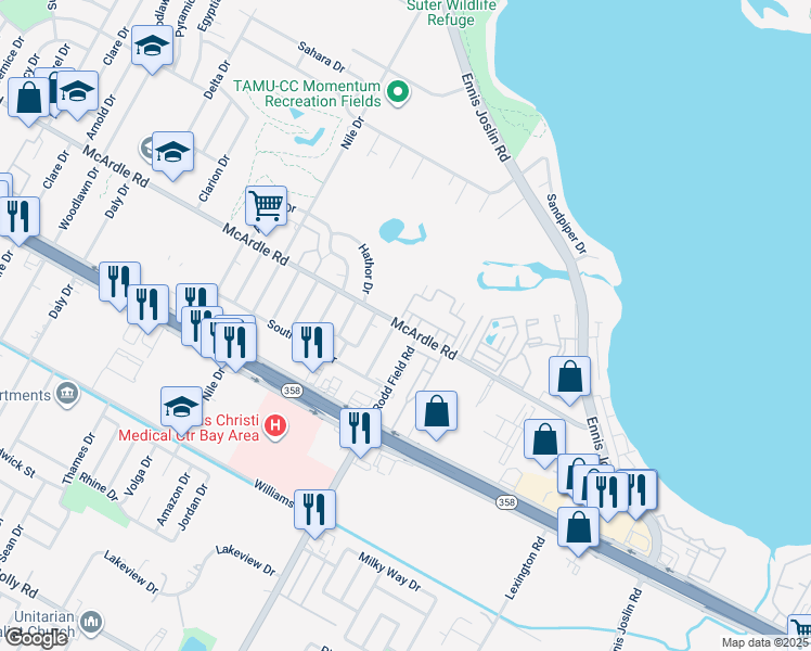 map of restaurants, bars, coffee shops, grocery stores, and more near 76 Townhouse Lane in Corpus Christi