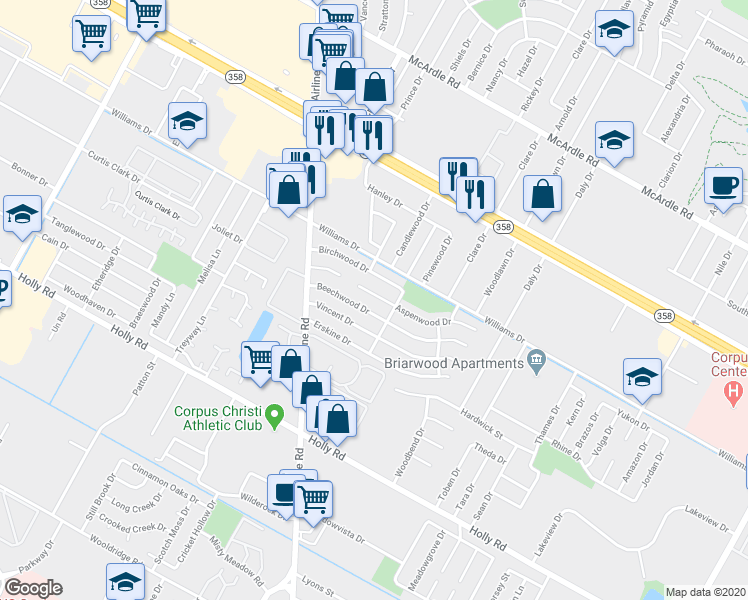 map of restaurants, bars, coffee shops, grocery stores, and more near 6225 Aspenwood Drive in Corpus Christi