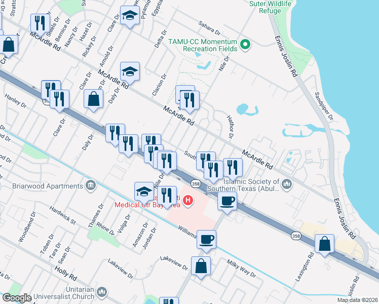 map of restaurants, bars, coffee shops, grocery stores, and more near 1338 Nile Drive in Corpus Christi
