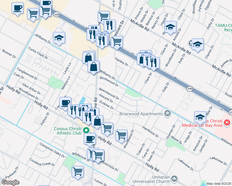 map of restaurants, bars, coffee shops, grocery stores, and more near 6218 Aspenwood Drive in Corpus Christi