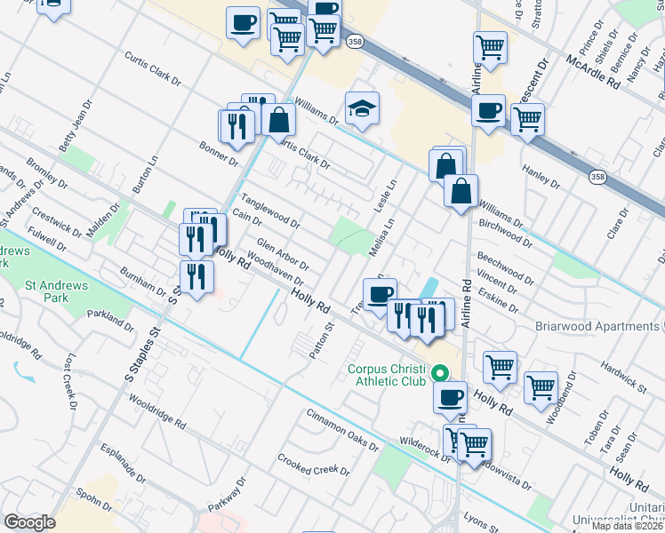 map of restaurants, bars, coffee shops, grocery stores, and more near 1946 Braeswood Drive in Corpus Christi