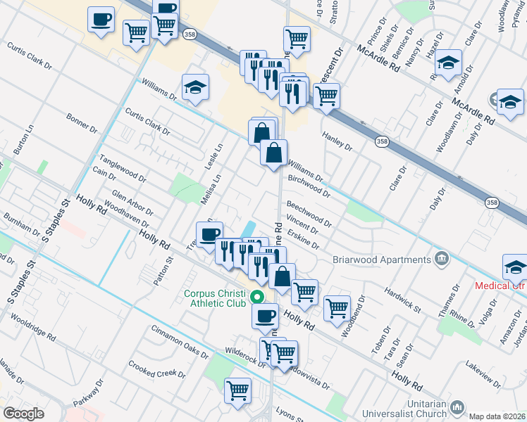 map of restaurants, bars, coffee shops, grocery stores, and more near 1825 Airline Road in Corpus Christi