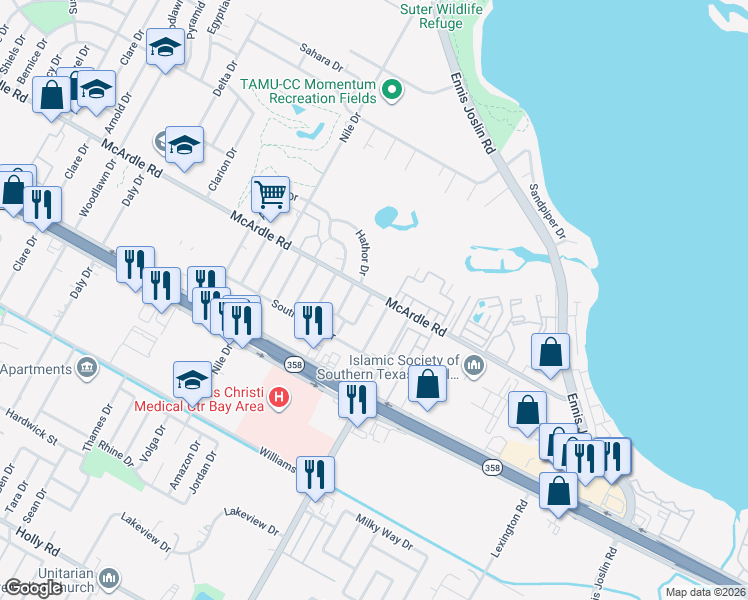 map of restaurants, bars, coffee shops, grocery stores, and more near 1302 East Cherrystone Drive in Corpus Christi