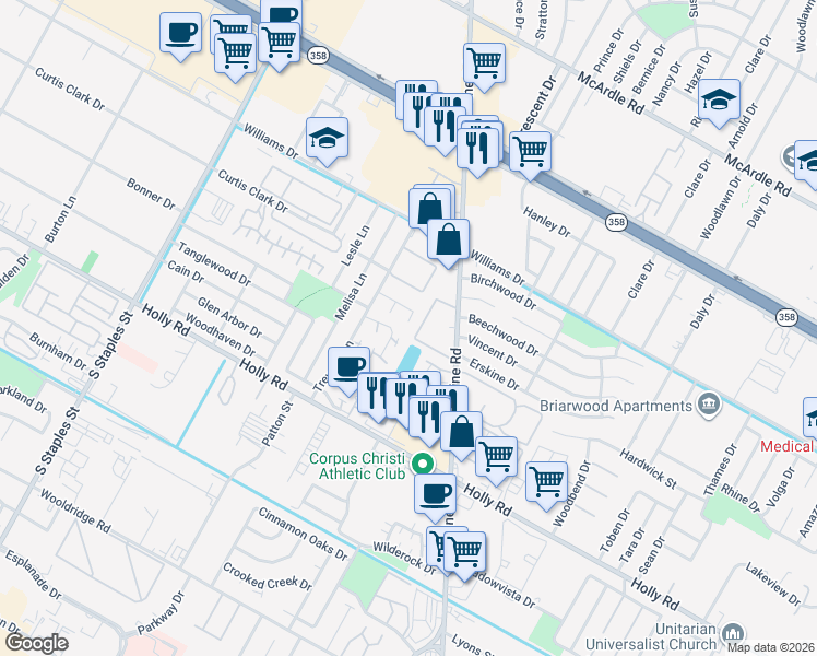 map of restaurants, bars, coffee shops, grocery stores, and more near 183 Promise Lane in Corpus Christi