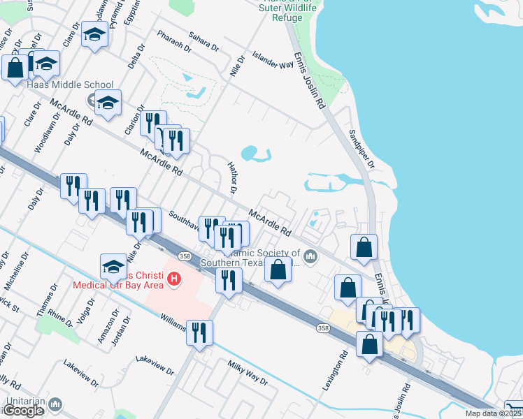 map of restaurants, bars, coffee shops, grocery stores, and more near 5 Townhouse Lane in Corpus Christi